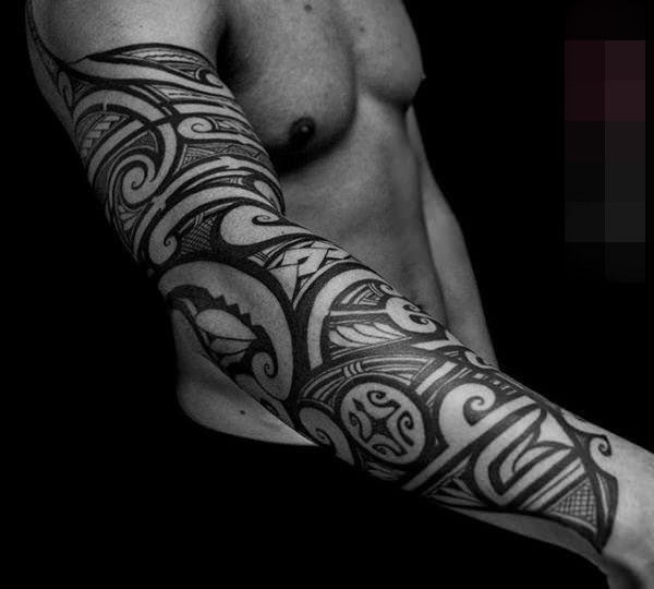 15款黑白灰风格几何元素简约线条满臂花臂纹身图案大全