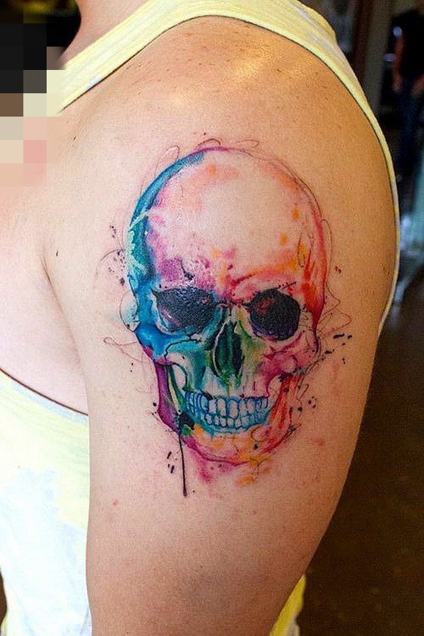 彩色渐变植物和简单线条小动物纹身图案