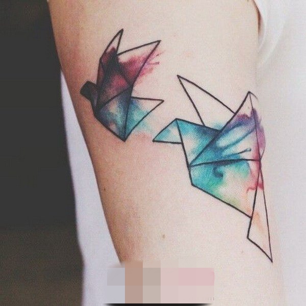 彩色渐变植物和简单线条小动物纹身图案