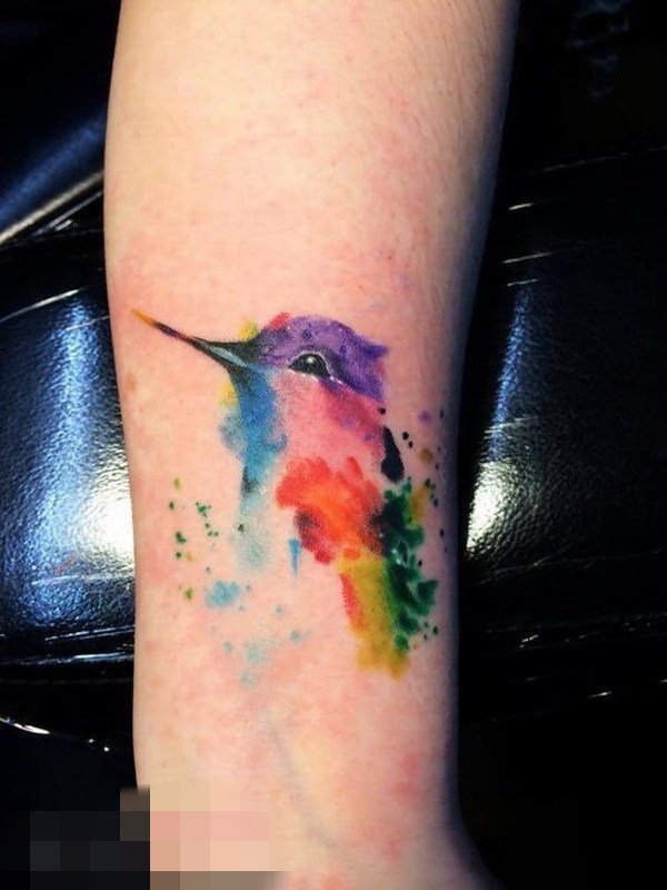 彩色渐变植物和简单线条小动物纹身图案