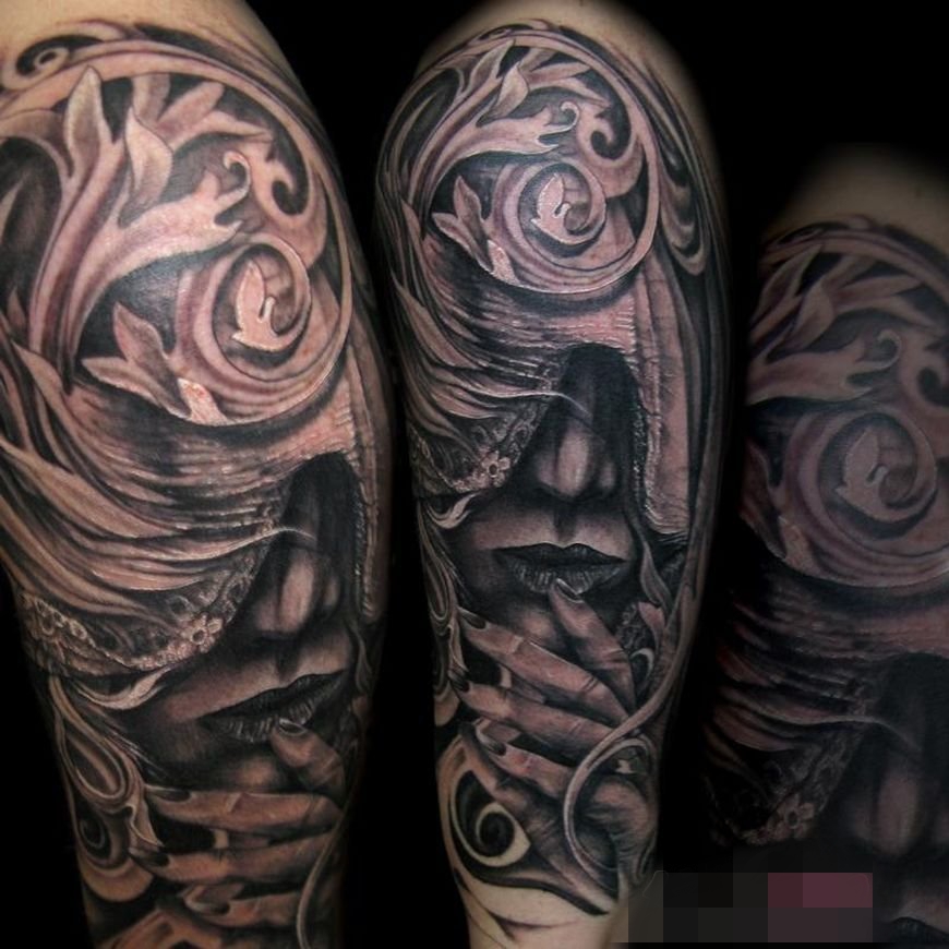 超现实主义黑白点刺技巧人物肖像纹身图案