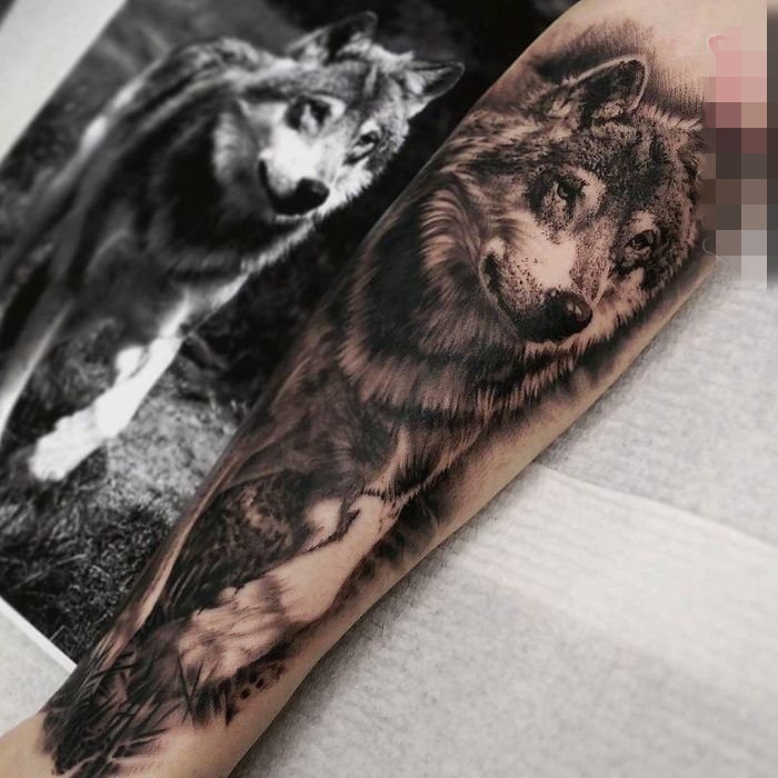 黑白动物抽象线条点刺技巧狼纹身图案