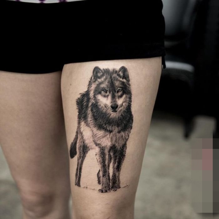 黑白动物抽象线条点刺技巧狼纹身图案