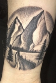 小腿上黑白点刺技巧几何元素山水风景图片