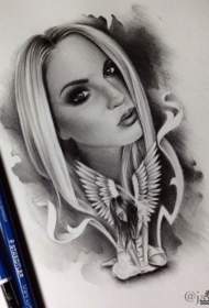 欧美黑灰女郎天使纹身图案手稿