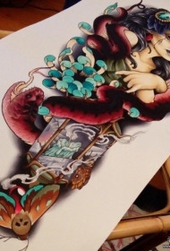 欧美彩色school女郎蛇纹身图案手稿