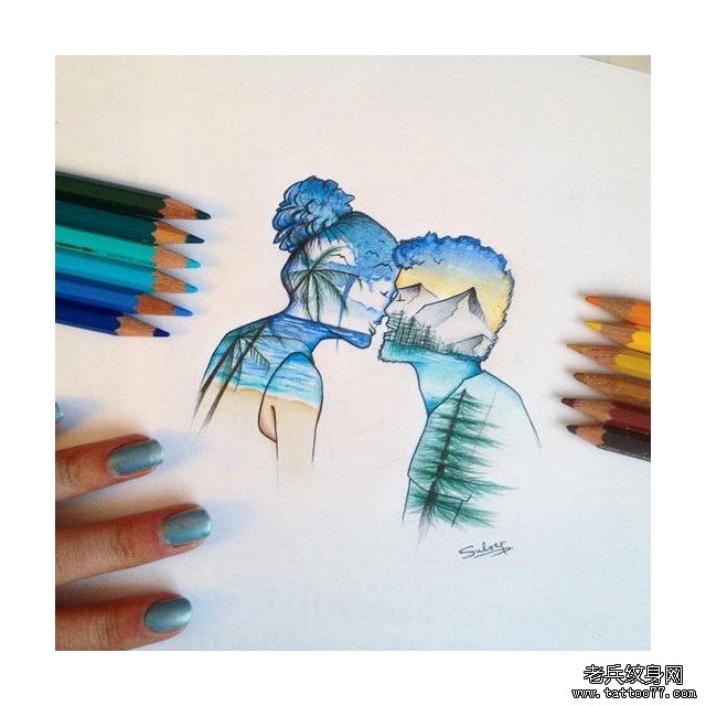 欧美人物情侣风景纹身图案手稿