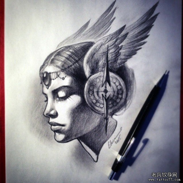 欧美天使女郎纹身图案手稿