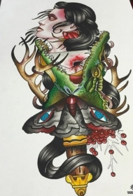 欧美彩色女郎鳄鱼鹿角纹身图案手稿