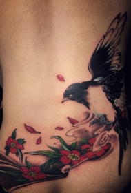 后腰喜鹊与鲜花彩绘纹身图案