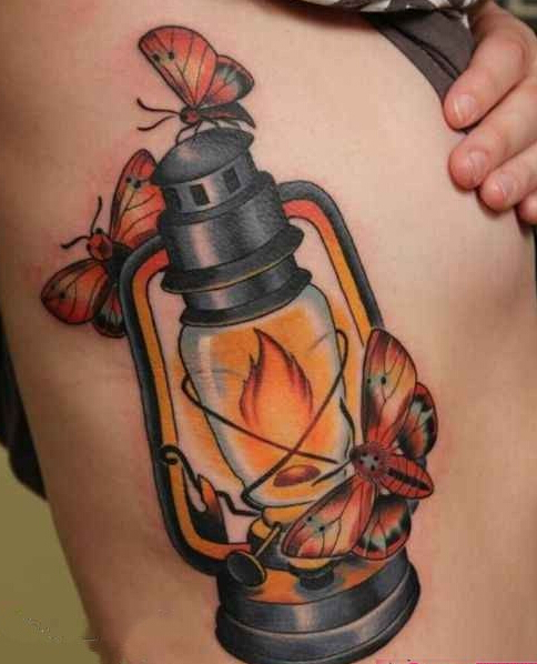 美女腰部个性创意复古的油灯纹身图案