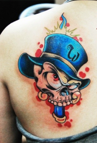 女生后背潮流经典的彩色骷髅纹身图案