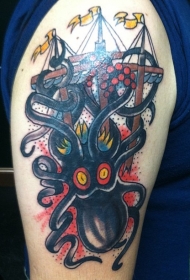 肩部彩色章鱼与帆船纹身图案