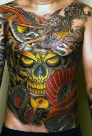 腹部全新日式彩色秘骷髅和龙纹身图案