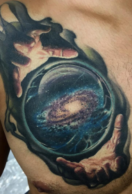 胸部彩色插画风格魔法球星空纹身图案