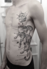 侧肋点刺风格黑色损坏的猫纹身图案