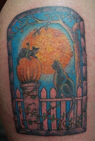 黑猫和夜景纹身图案