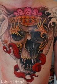 new school彩色神秘骷髅与红丝带纹身图案