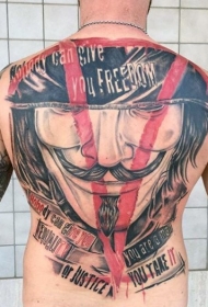 背部现代风格的人像和字母纹身图案