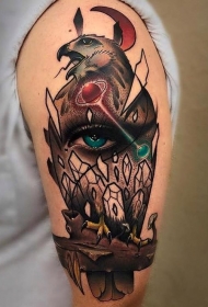 new school彩色鹰与神秘的写实眼睛纹身图案