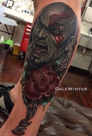小腿old school彩色铁链和邪恶野蛮人纹身图案