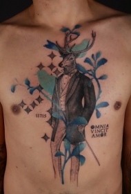 胸部超现实主义风格穿西装的鹿纹身图案