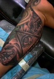 大臂滑稽风格的黑色恐龙雕像和眼睛纹身图案