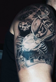 大臂黑色可怕骷髅女巫与墓地纹身图案