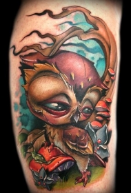 可爱的卡通小猫头鹰和树蘑菇纹身图案