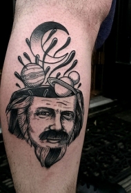 小腿超现实主义风格黑色男人头行星纹身图案