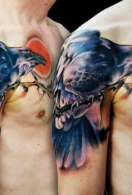 新学校风格彩色肩膀纹身乌鸦纹身图案