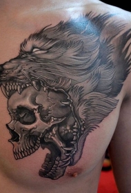 写实的骷髅狼头胸部纹身图案