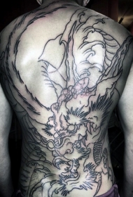 背部新日本风格黑色线条邪恶龙纹身图案