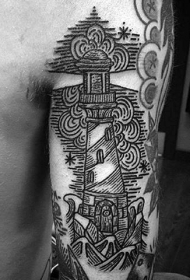 大臂黑色线条灯塔和星星纹身图案