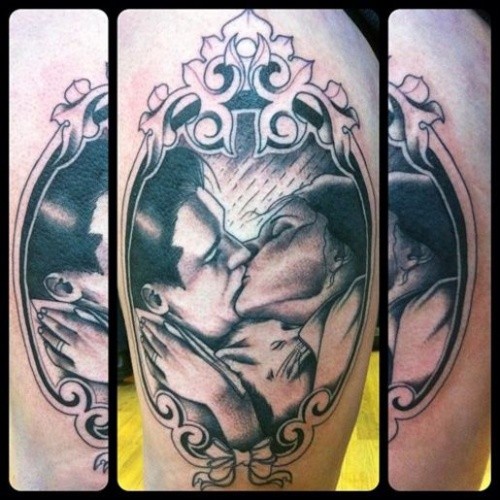 old school黑色亲吻夫妇肖像与白猫纹身图案