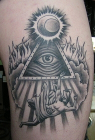 大腿黑灰人像眼睛几何纹身图案