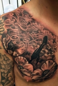 胸部黑灰花朵和墓碑字母纹身图案