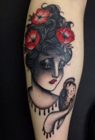 腿部老派风格的彩色悲伤女人纹身图案
