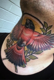 new school颈部彩色小鸟树叶纹身图案