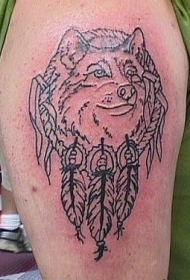 肩部黑色狼头线条纹身图案