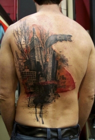 old school背部彩色的狐狸和建筑纹身图案