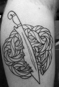 小腿简单的黑色线条匕首纹身图案