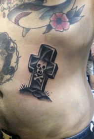侧肋old school黑灰十字架墓碑骷髅纹身图案