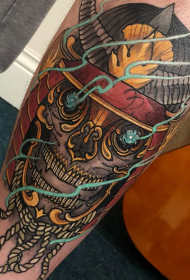 腿部彩色新日式恶魔武士骷髅纹身