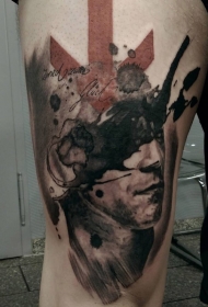 大腿超现实主义风格的彩色人像箭头纹身图案