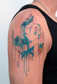 肩部可爱的水彩画女孩纹身图案