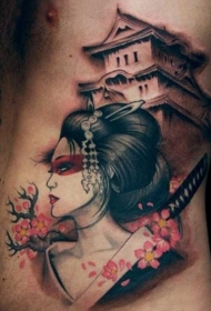 侧肋亚洲艺妓画像与房子纹身图案