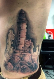 侧肋黑灰色风格灯塔与鸟类纹身图案