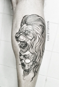 腿部黑色线条风格的狮子纹身图案