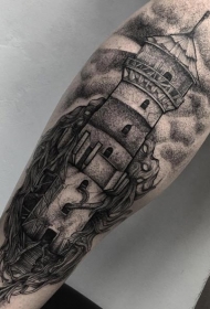 小腿old school黑白点刺灯塔纹身图案